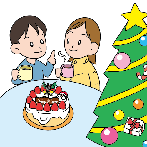 ツリーとケーキでクリスマスを楽しむカップル 無料イラスト素材ならイラストック