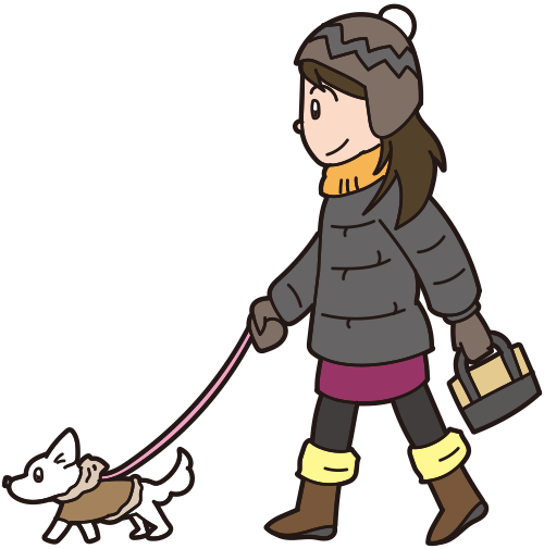 ダウンを着て犬の散歩をする女性 無料イラスト素材ならイラストック