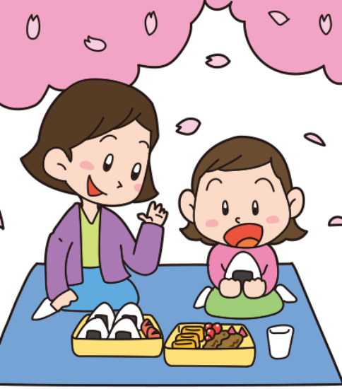お花見3-桜の下でお弁当を食べる親子