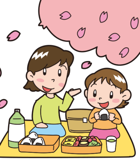 お花見-お弁当を食べる親子